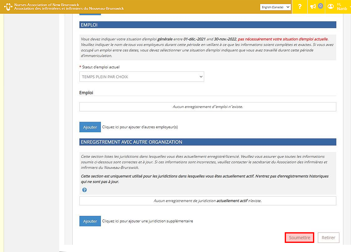 Procédure de modification du profil, étape 3